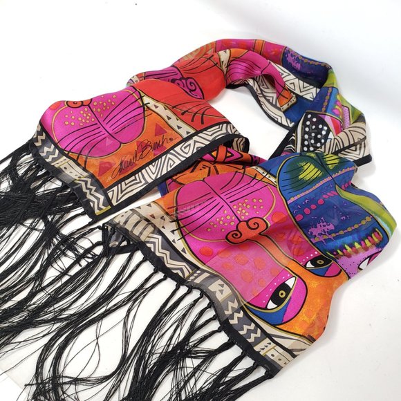 Laurel Burch Vintage Silk Cat Scarf w/ Fringe - Picture 9 of 10